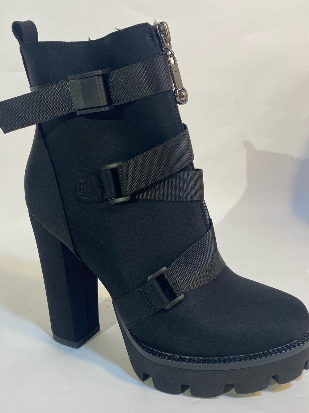 New Black Zip-Up High-Heel Platform Boots with Buckle Straps - WETKISS